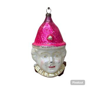 Glass Strawberry Head Clown Pierrot Hat Pink Germany Antique Christmas Ornament